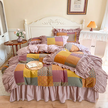Vintage Pastoral Country Pure Cotton Double Layer Yarn Pleat Ruffles Bedding Set